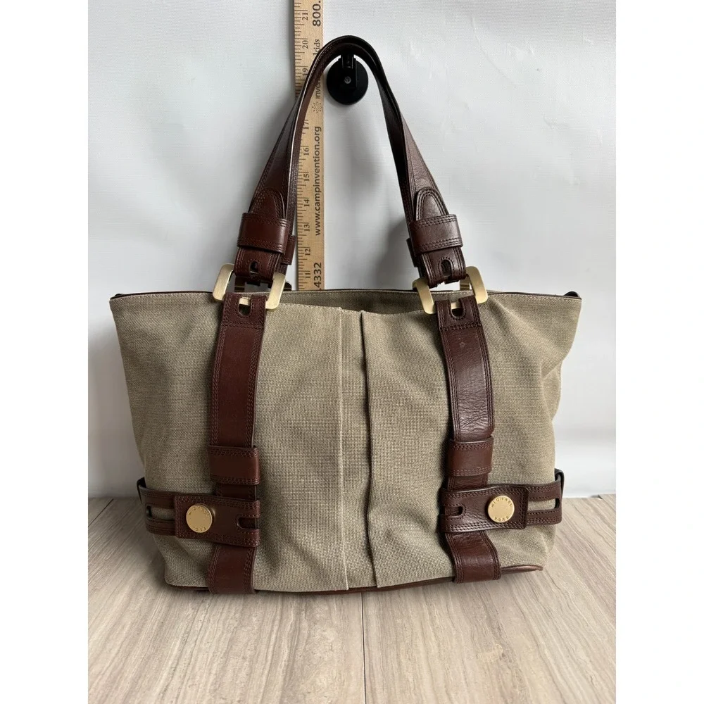 Vintage Michael Kors Canvas Leather Harness Tote Bag Beige Brown Boho Equestrian - Picture 3 of 12